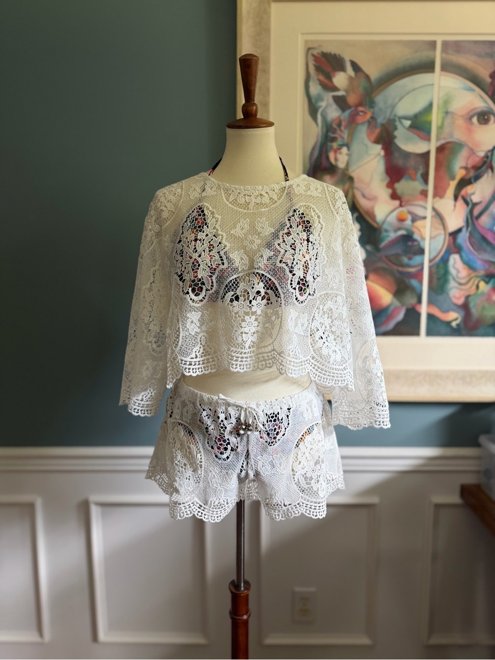 Lace Cropped Top & Shorts Swim cover up Set - White